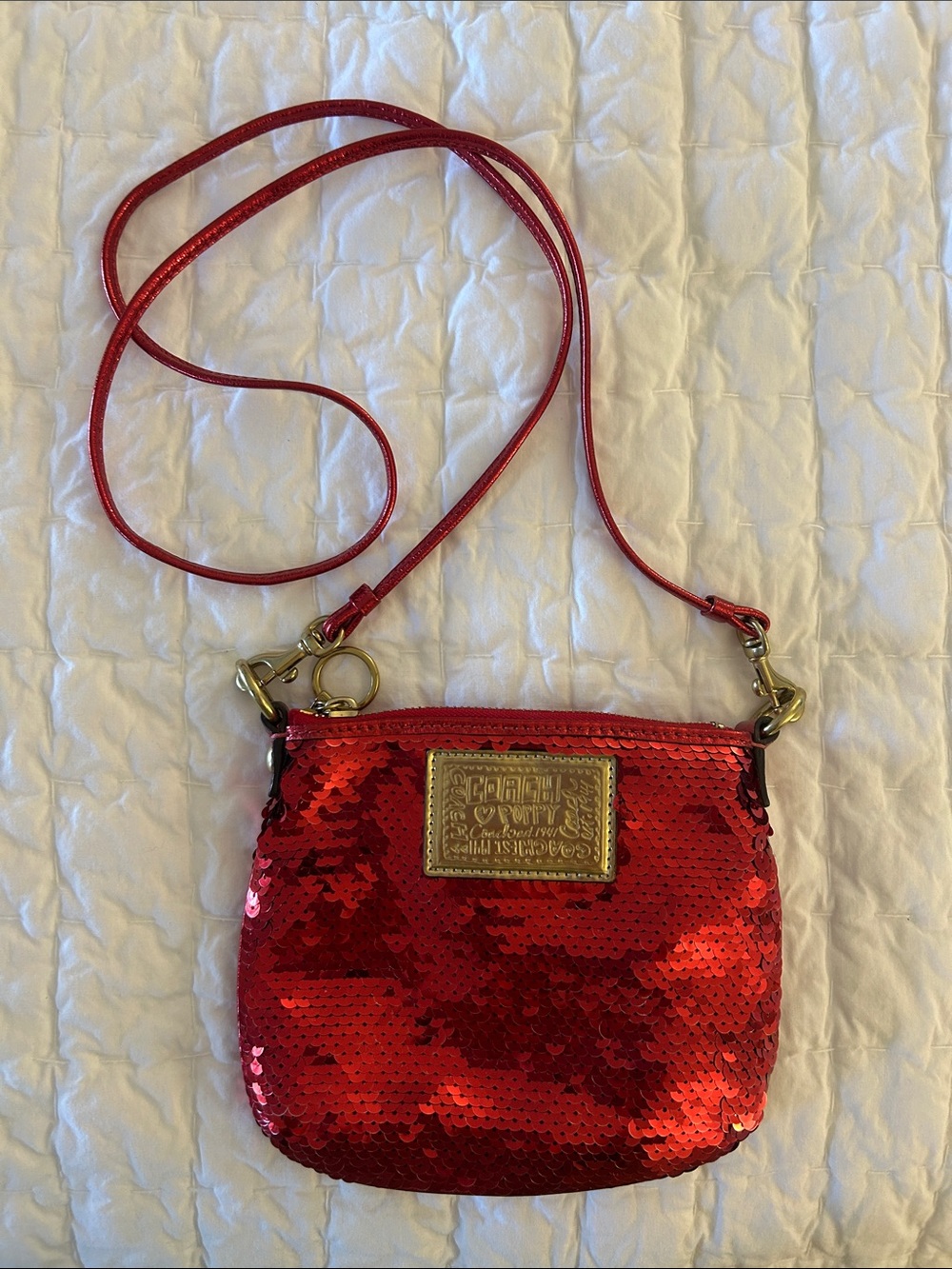 Coach Red Sequin Crossbody with Gold Plaque